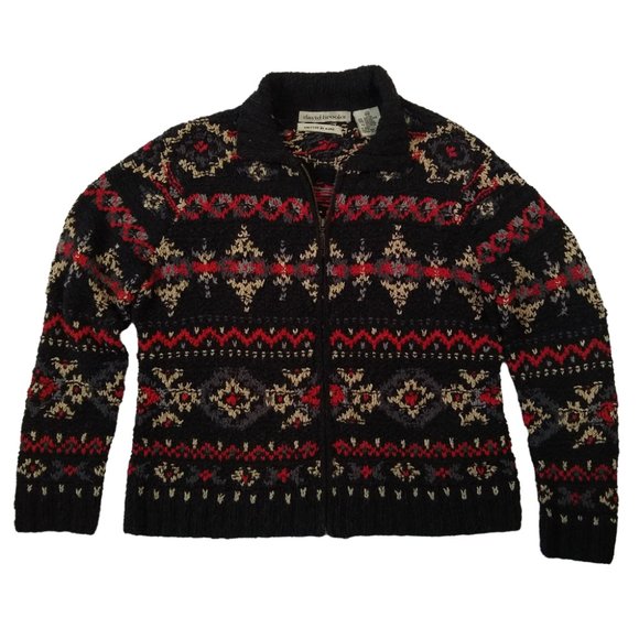 David Brooks Women's Jacket Silk Blend Full Zip Black Red Hand Knit Size Medium - Picture 1 of 5